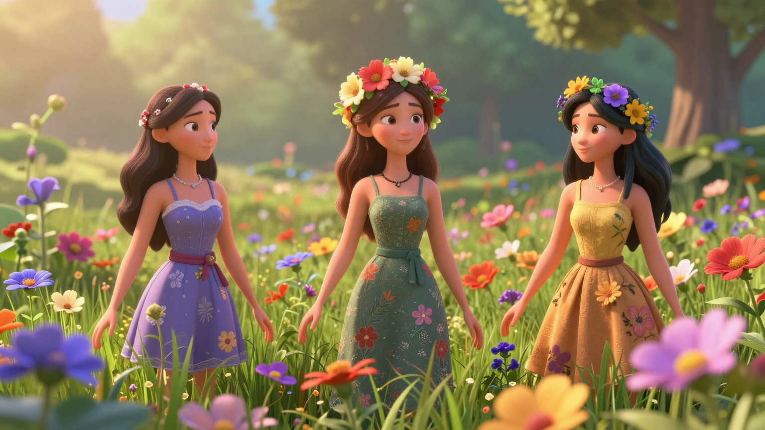 谜语故事 - 三个女人被变成了田野里生长的花朵 - 场景插画 1