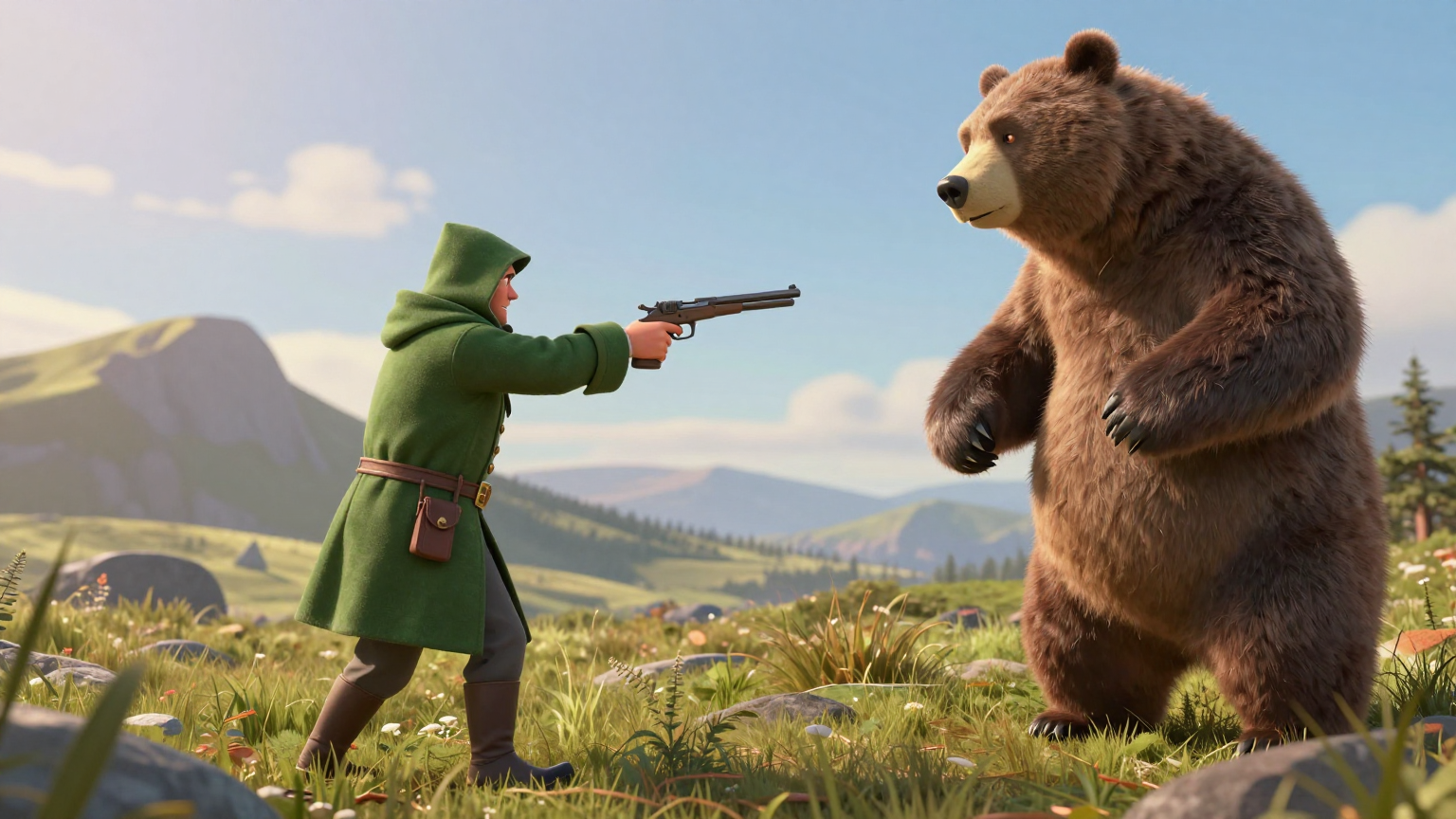 熊皮人 - 士兵遇到一个穿绿衣的陌生人（魔鬼），魔鬼让他射杀一只熊来证明勇气，然后提出一个七年之约。 - 场景插画 2