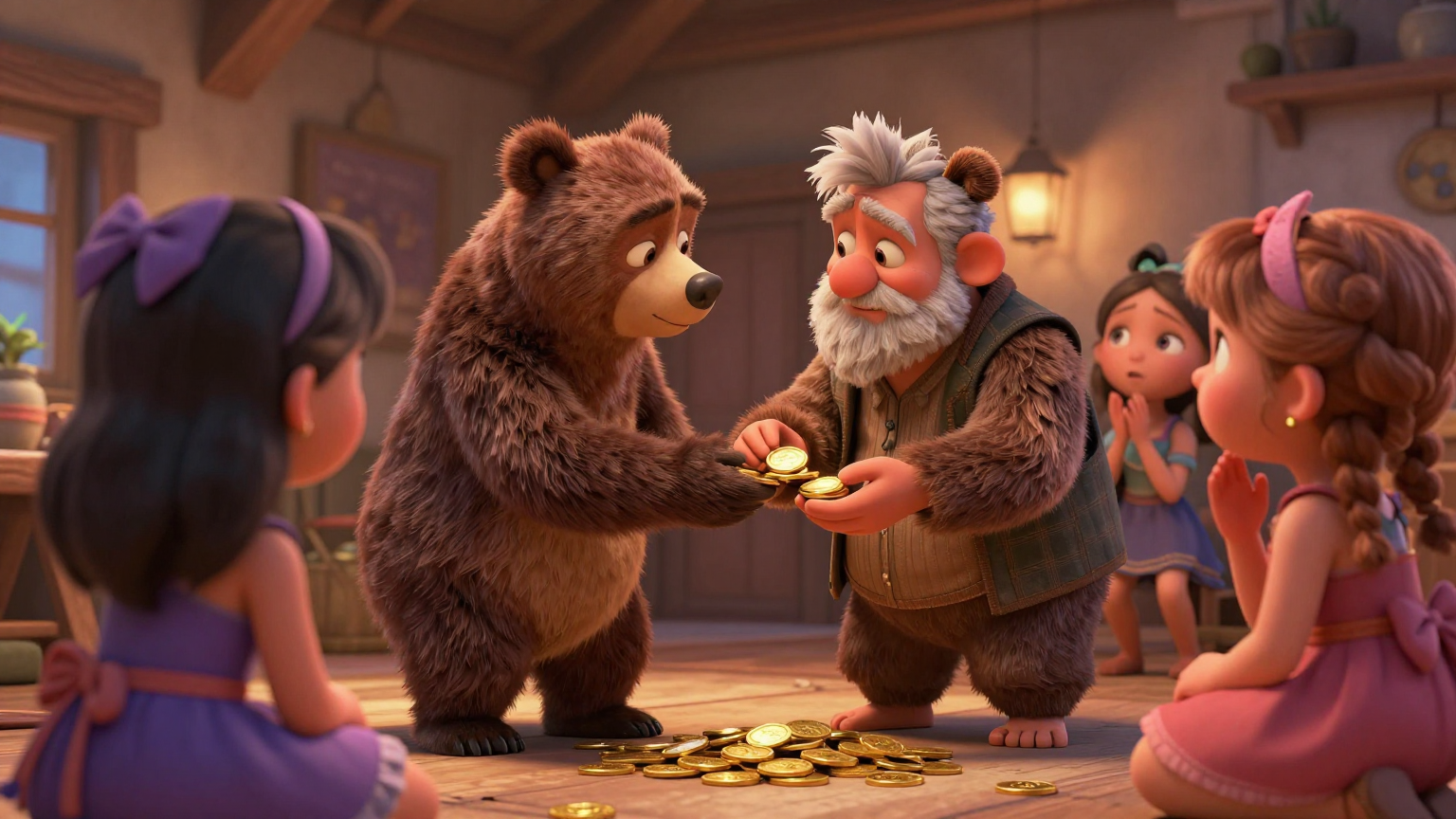 熊皮人 - 熊皮人帮助了一位破产的老人，老人许诺将女儿嫁给他。两个姐姐嫌弃他的外貌，只有小女儿接受了他。 - 场景插画 4