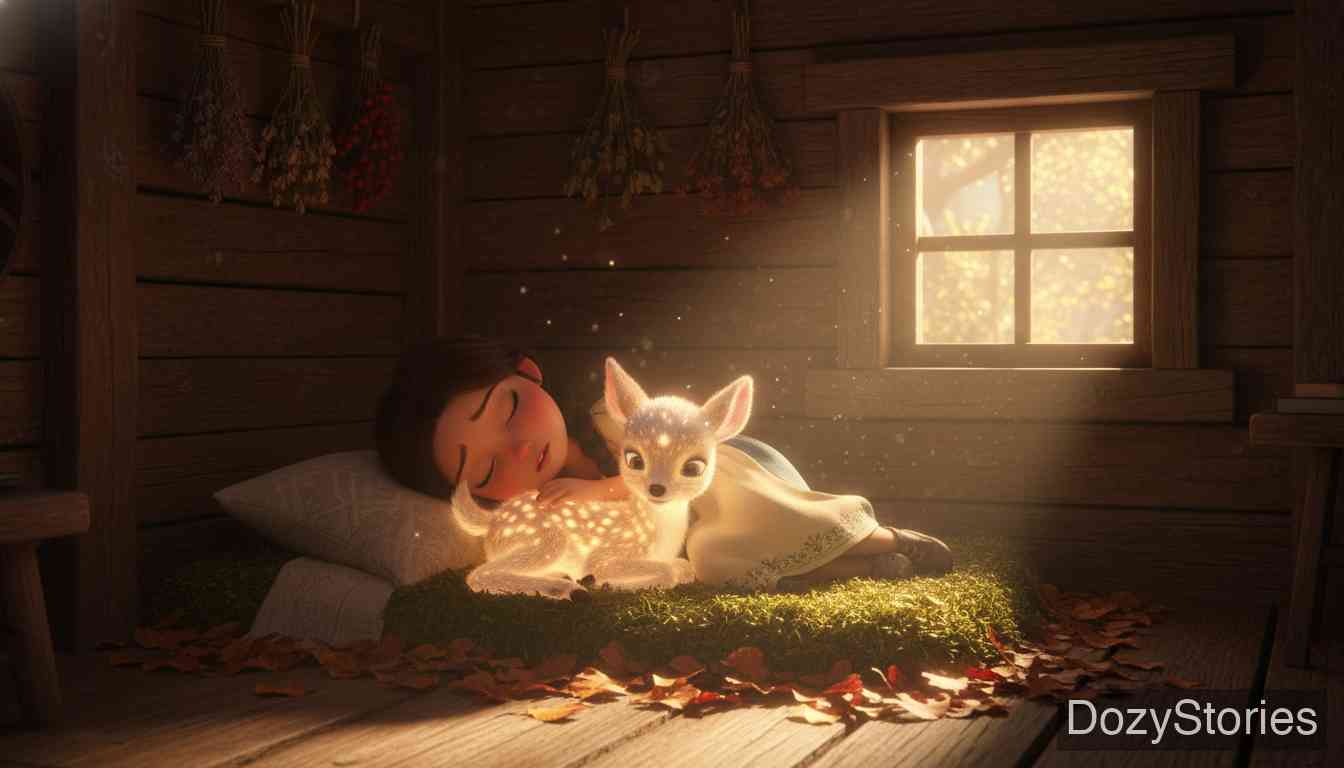 Brother and Sister - The sister and the fawn find a little deserted house deep in the forest where they live together peacefully, caring for each other. - Scene Illustration 2