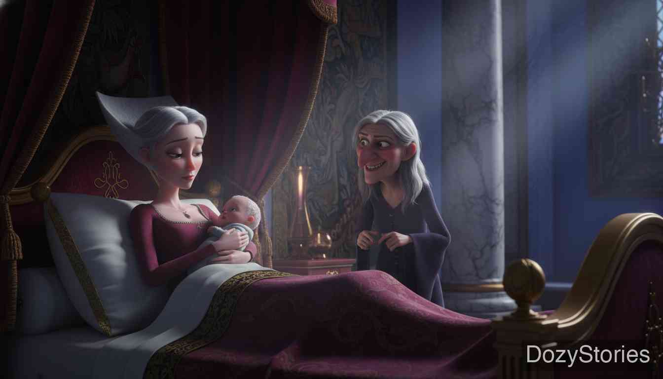 小哥哥和小姐姐 - 妹妹成为王后,生下了小王子。恶毒的继母心生嫉妒,趁国王不在,将王后闷死在浴室,并让自己丑陋的女儿假扮王后。 - 场景插画 4