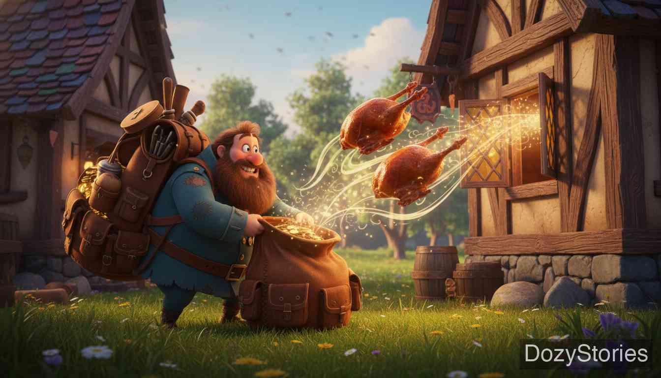 快乐老兄 - 快乐老兄挥霍完钱财后，用背包的魔力变出了烤鹅。他慷慨地将鹅分给两个路人，结果导致他们被误认为是小偷而遭到殴打。 - 场景插画 3