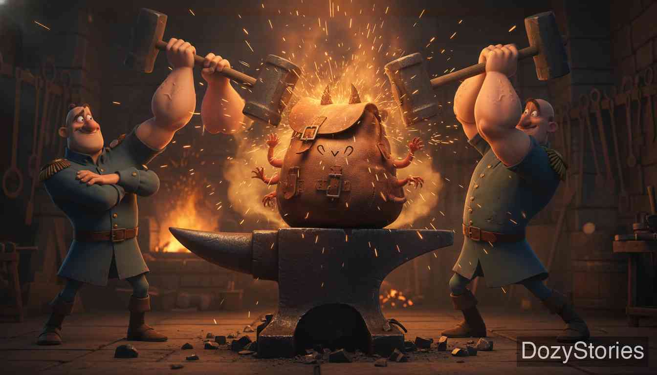 Brother Lustig - Brother Lustig stays in a haunted castle and is attacked by nine devils. He uses his knapsack to capture them all and has blacksmiths hammer the bag, killing eight, while one escapes back to hell. - Scene Illustration 4