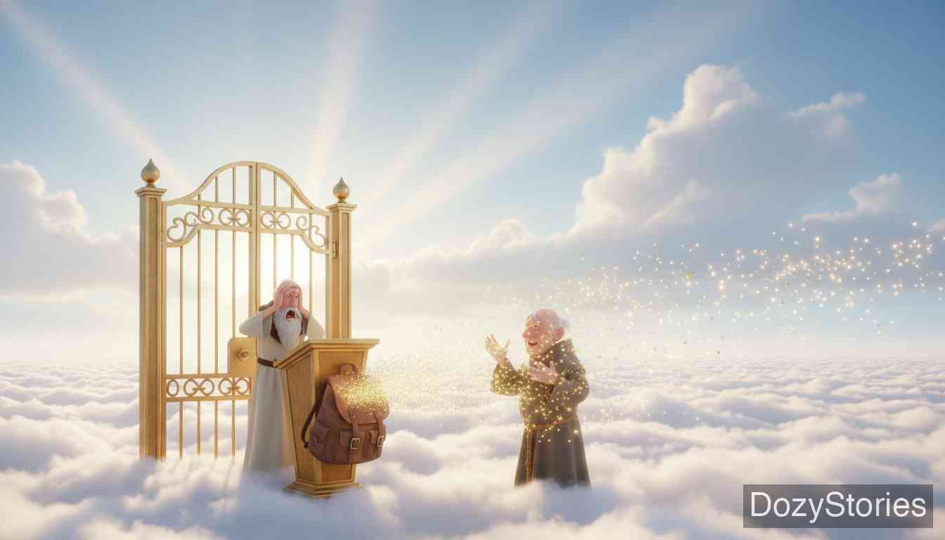 快乐老兄 - 年迈的快乐老兄寻求死后的归宿。地狱因为怕他的背包而拒绝接收他，天堂的圣彼得也不让他进。最终，他机智地把背包递进天堂，许愿自己钻进包里，从而留在了天堂。 - 场景插画 5