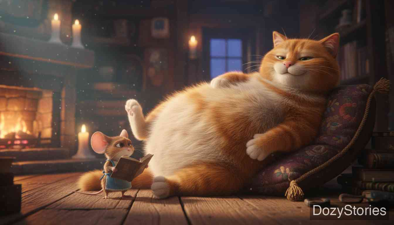 Cat and Mouse in Partnership - The cat gets hungry again and invents a second baptism lie. He sneaks back to the church, devours half the pot of fat, and tells the mouse the child's name is "Half-Gone". - Scene Illustration 2
