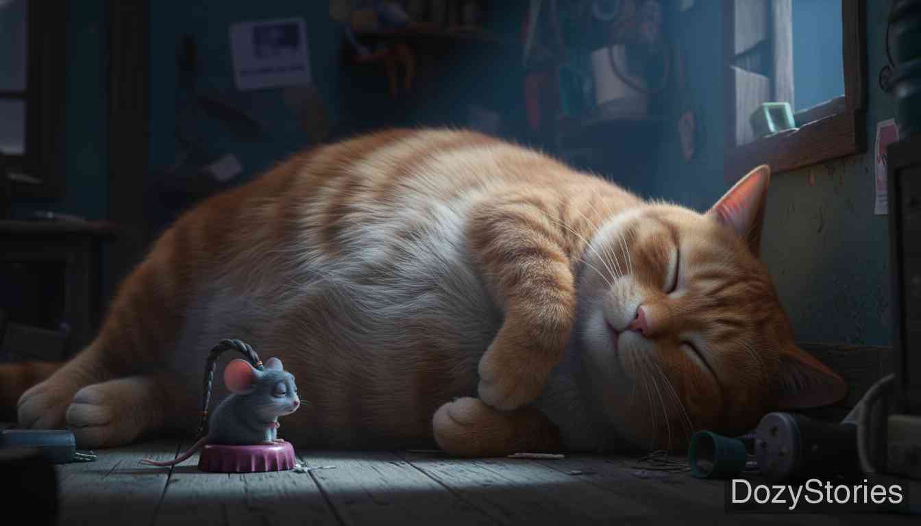 Cat and Mouse in Partnership - The greedy cat invents a third lie to finish off the rest of the fat while the mouse cleans the house. The cat returns and claims the third child is named "All-Gone". - Scene Illustration 3