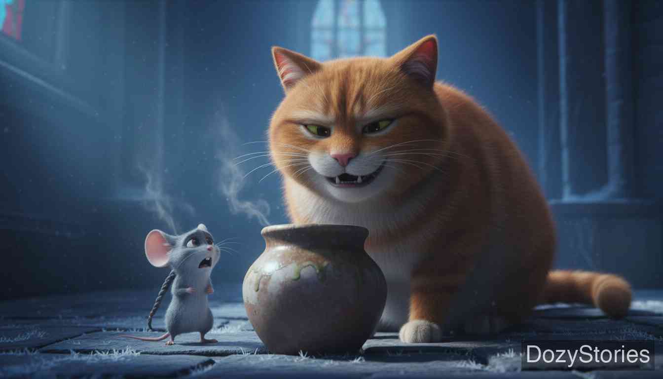 Cat and Mouse in Partnership - Winter arrives and food is scarce. The mouse suggests retrieving the stored fat. Upon arriving at the church, the mouse discovers the empty pot and finally realizes the truth. - Scene Illustration 4