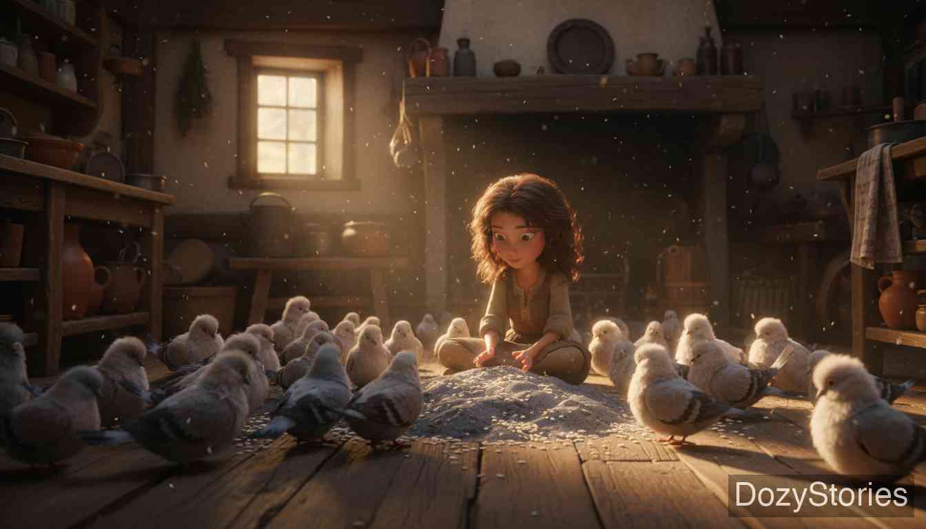 灰姑娘 - 国王举办宴会，继母故意让灰姑娘从灰烬中捡豆子，尽管鸟儿们帮她完成了任务，继母仍然拒绝让她参加。 - 场景插画 2