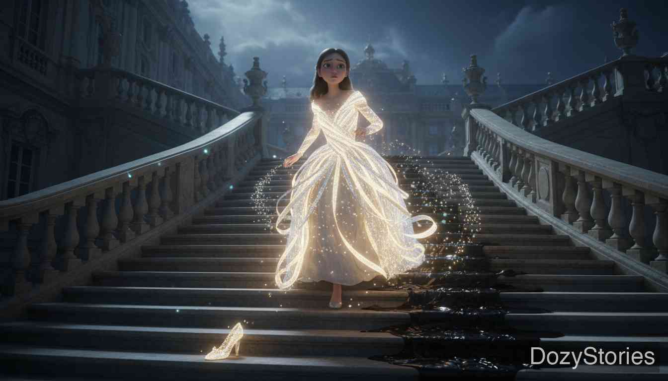 灰姑娘 - 灰姑娘向榛树许愿得到华服，三次参加舞会并与王子共舞，最后不慎将一只金舞鞋遗落在沾满沥青的台阶上。 - 场景插画 3