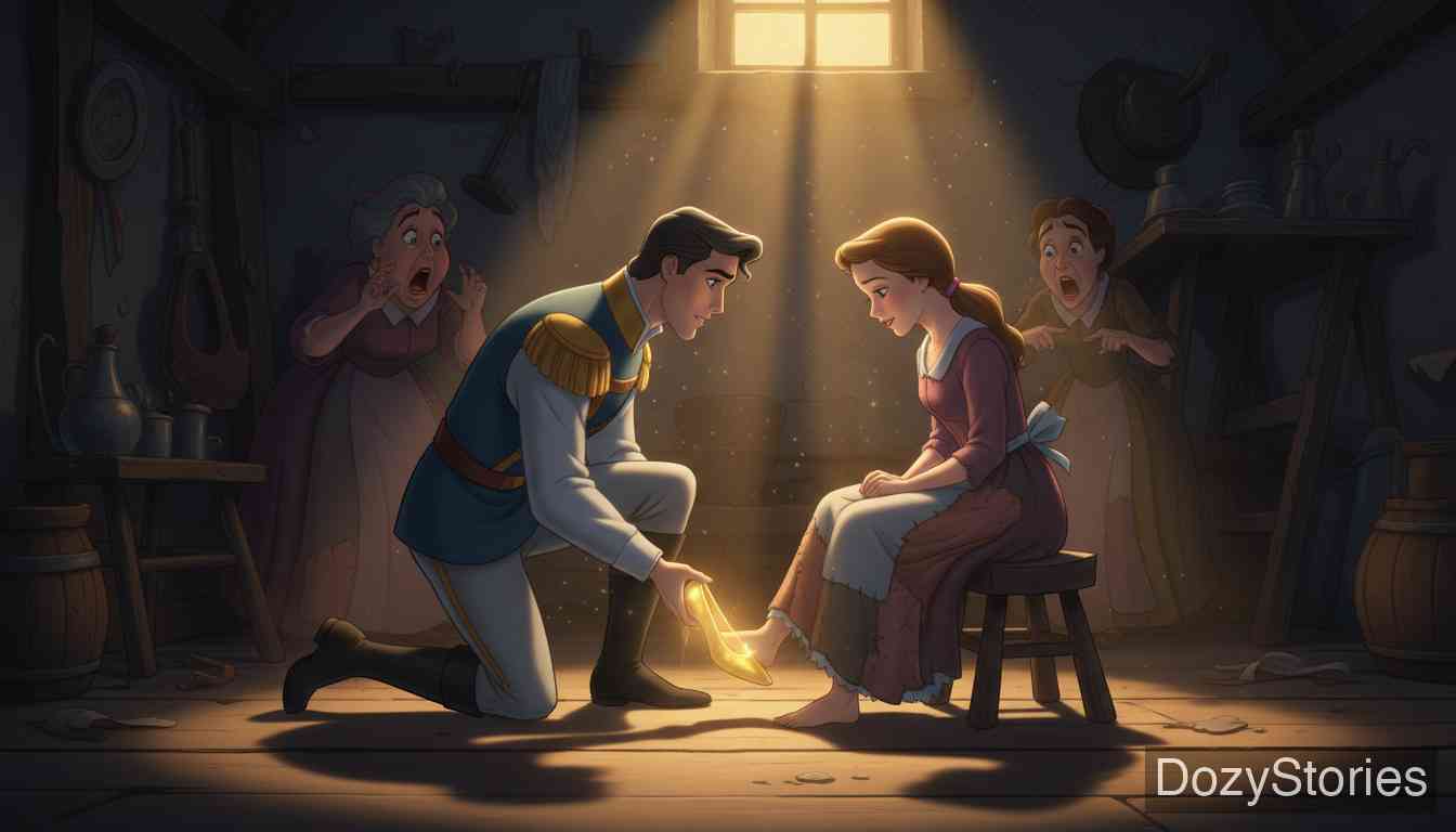 灰姑娘 - 姐姐们为穿上金鞋削足适履，被鸽子揭穿；灰姑娘试穿金鞋完美契合，王子认出了她并带她离开。 - 场景插画 4