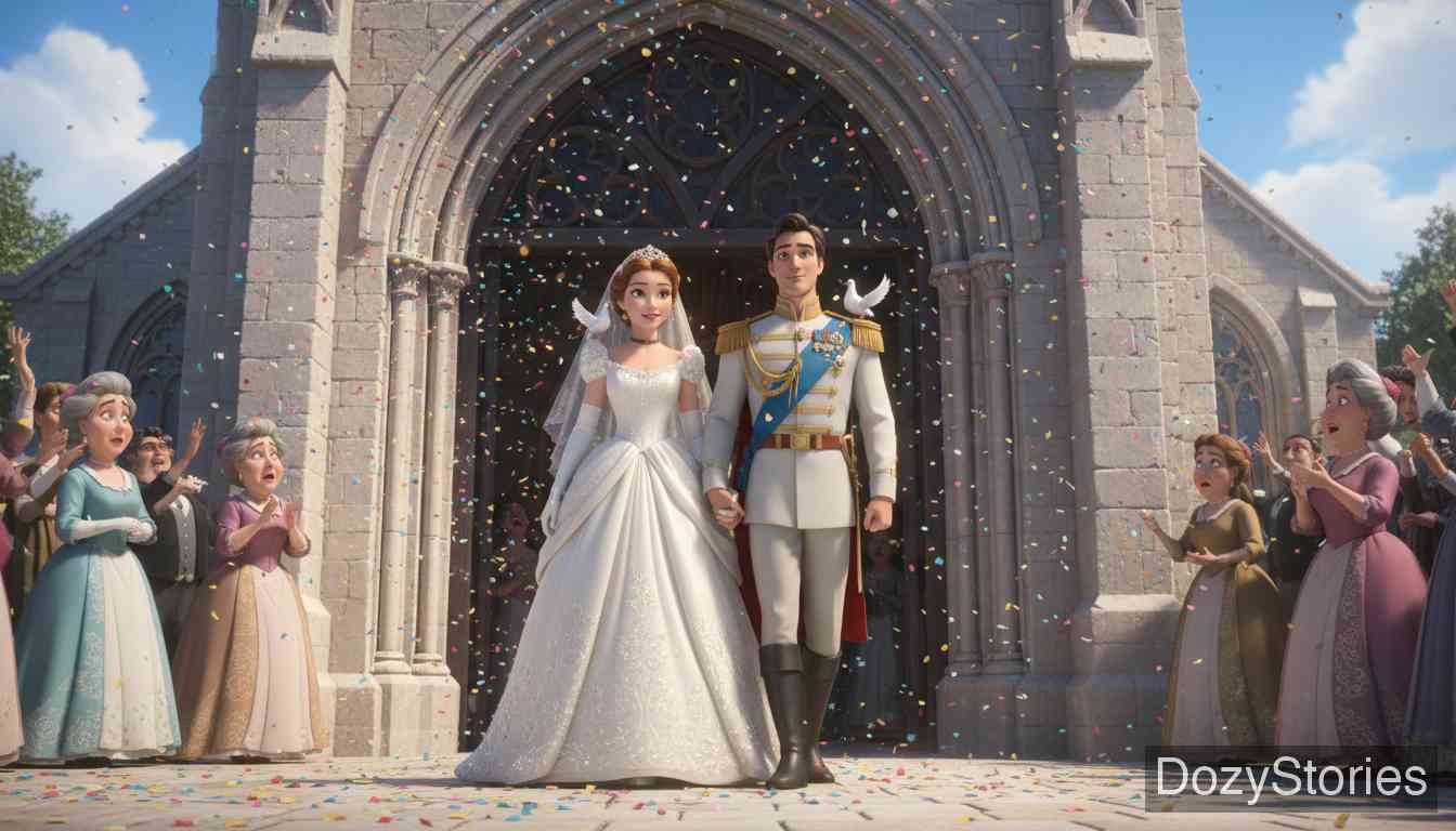 灰姑娘 - 鸽子追随灰姑娘，在婚礼上，姐姐们因之前的恶行和虚伪被鸽子啄瞎了双眼，遭到了惩罚。 - 场景插画 5