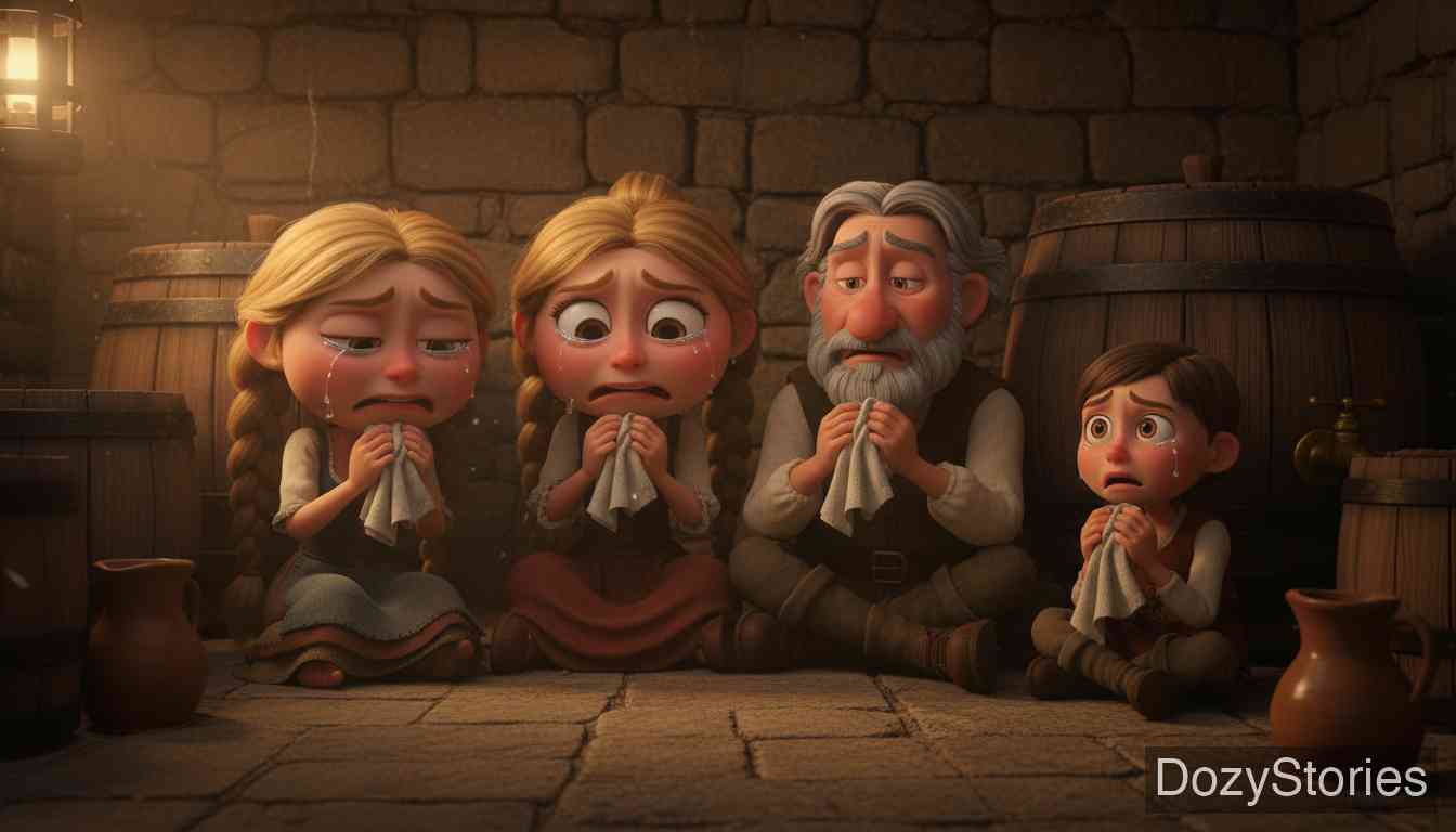 聪明的小爱尔莎 - 全家人相继来到地窖，听了爱尔莎的顾虑后，都称赞她的聪明并加入到哭泣的行列。 - 场景插画 2