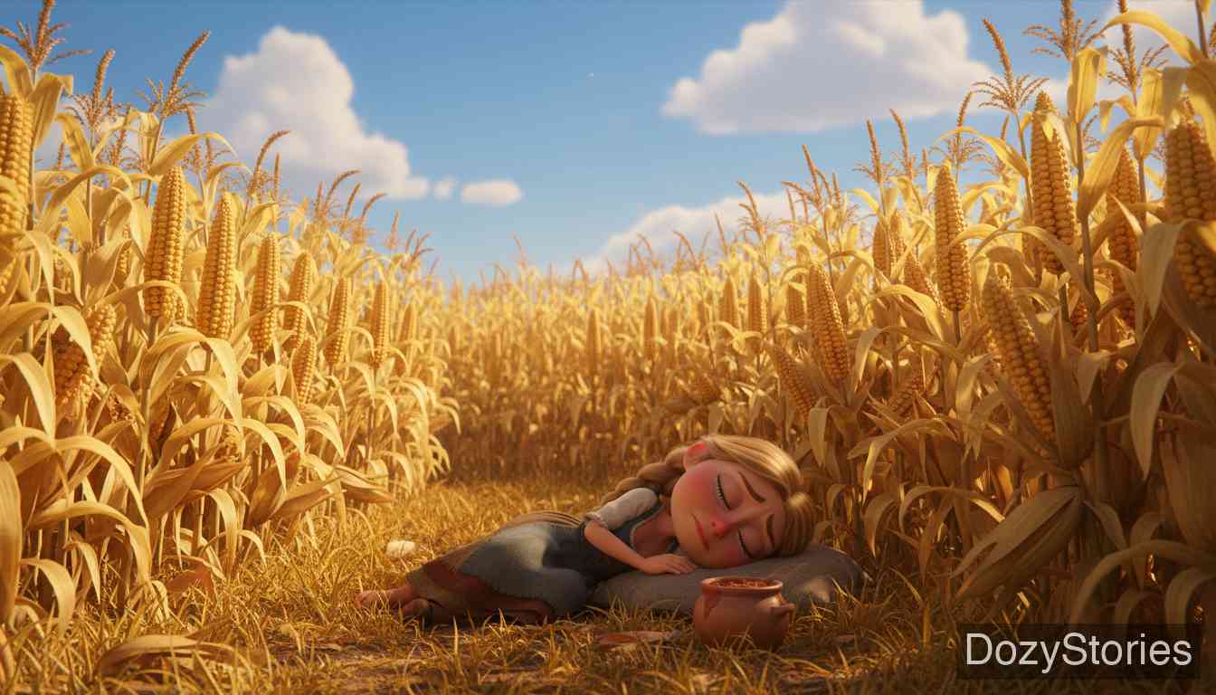 Clever Else - After the wedding, Else goes to the field to work but ends up eating and sleeping instead of harvesting the corn. - Scene Illustration 4