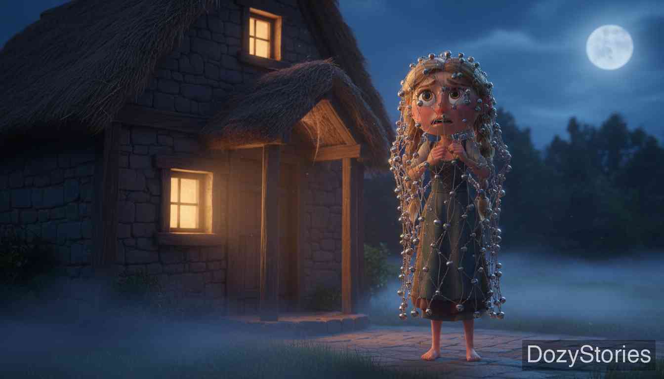 Clever Else - Hans throws a net of bells over the sleeping Else. When she wakes, the jingling makes her doubt her identity, and she runs away forever. - Scene Illustration 5