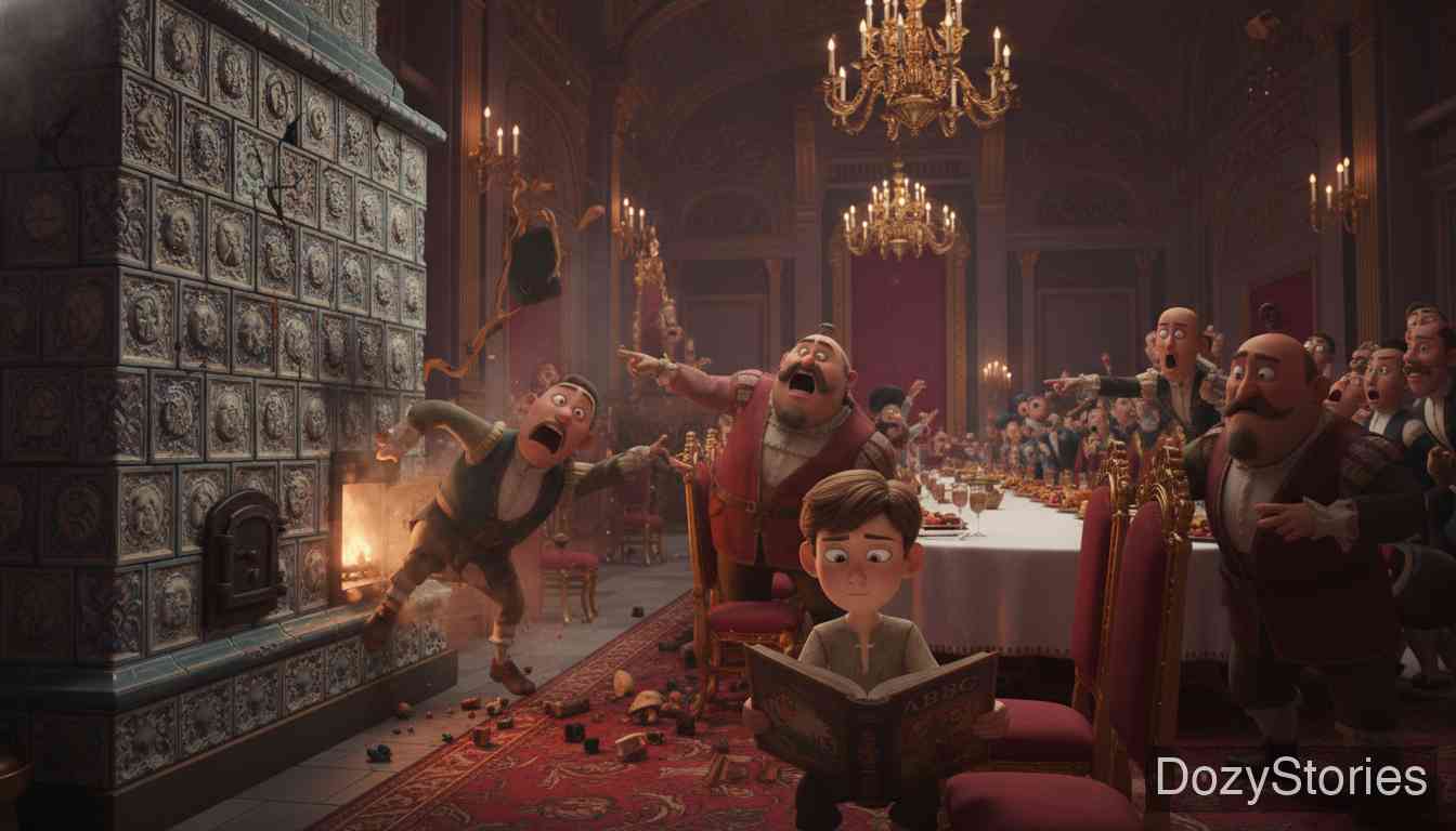 万事通大夫 - 克拉布假装在书中寻找线索，却无意中吓坏了躲在炉子里偷听的第五个仆人。最终他指出了钱的藏匿处，却没供出小偷，两头通吃，名利双收。 - 场景插画 5