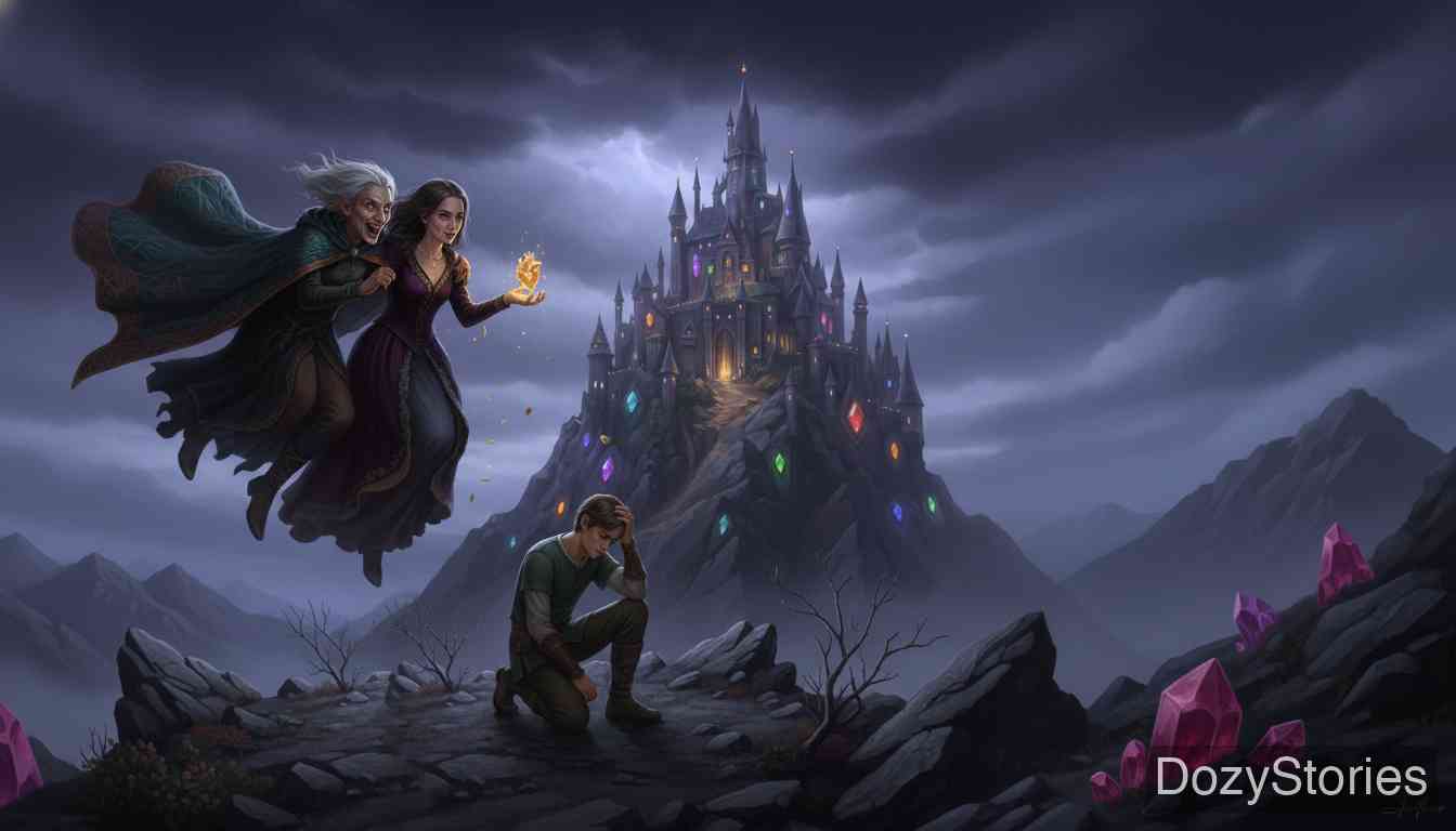 驴与卷心菜 - 猎人来到一座城堡，被邪恶的女巫和她美丽的女儿迷惑。女巫设计让他吐出了鸟心，又诱骗他带着女儿传送到宝石山，最终偷走了他的许愿斗篷，将他独自困在荒山上。 - 场景插画 2