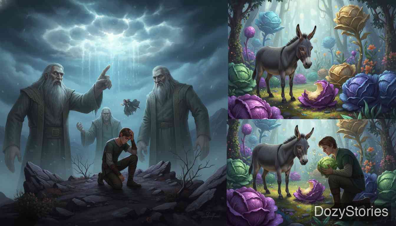 Donkey Cabbages - Awaking to find himself betrayed, the huntsman encounters giants who predict a cloud will carry him away. He rides the cloud to a magical garden where eating one cabbage turns him into a donkey and another restores his human form. - Scene Illustration 3