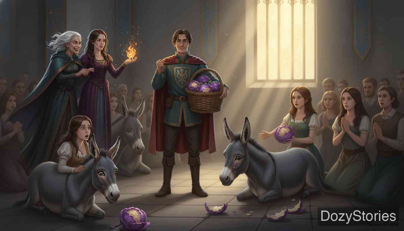 Donkey Cabbages - Disguised as a King's messenger, the huntsman returns to the castle with the magical cabbages. He tricks the greedy witch, the maid, and his beloved into eating them, transforming them all into donkeys. - Scene Illustration 4