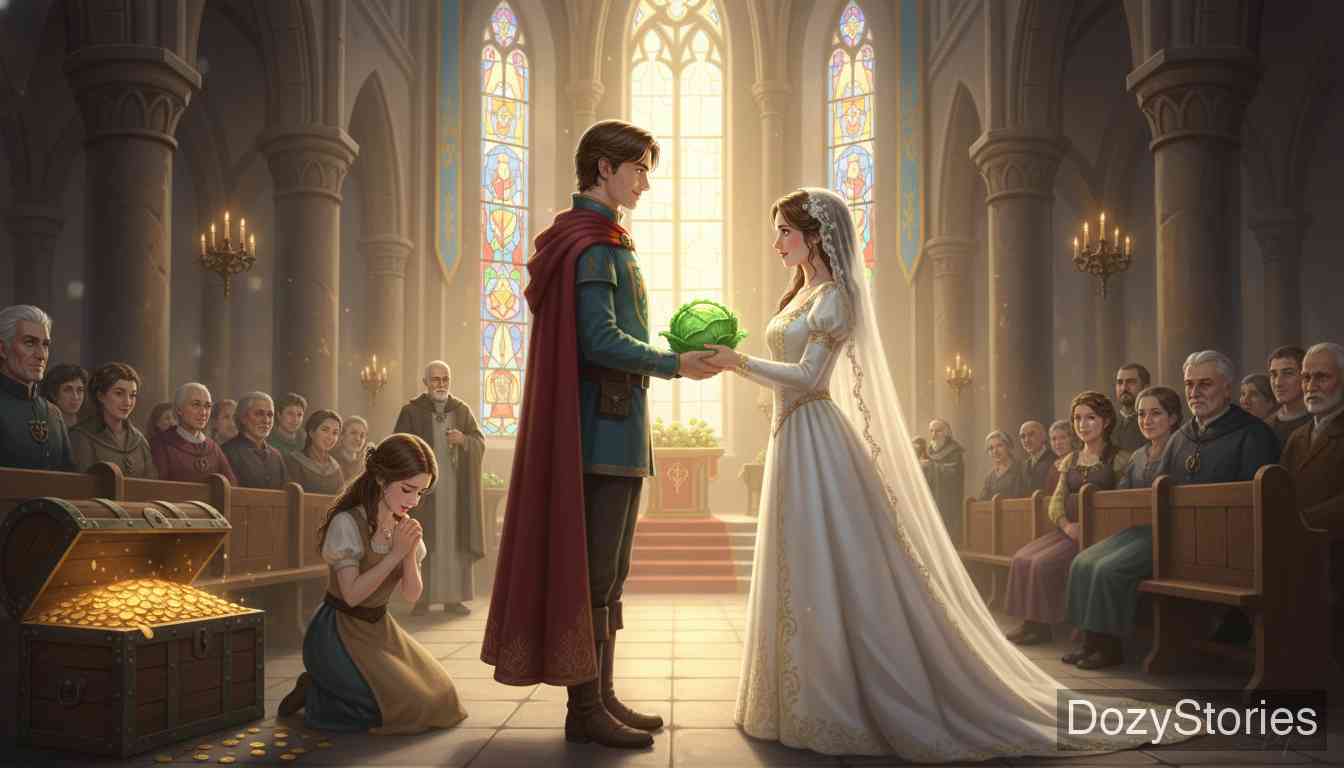 驴与卷心菜 - 猎人将变成驴的三人交给磨坊主管教，老女巫死后，他心生怜悯，用解药将另外两人变回人形。少女请求原谅，两人最终和解并举行了婚礼。 - 场景插画 5