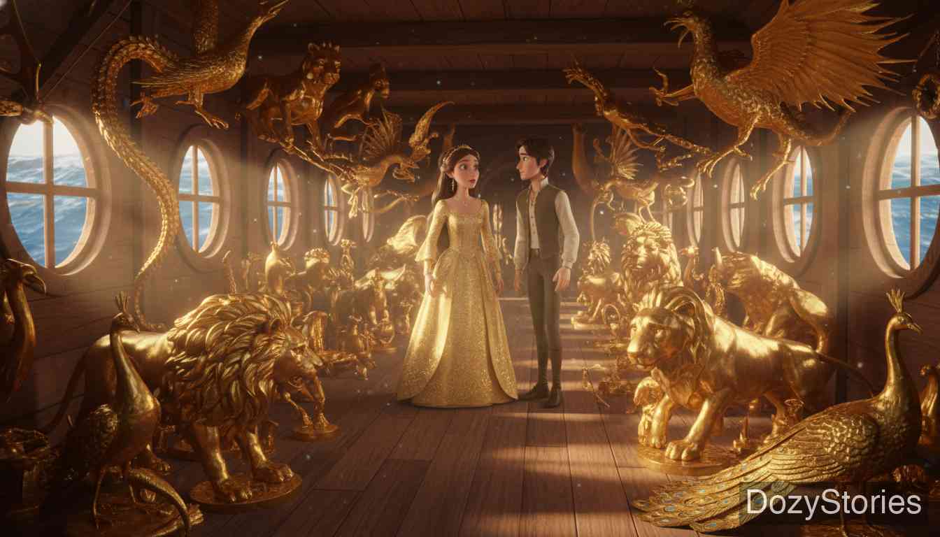 Faithful John - To win the Princess, they craft exquisite items from five tons of gold. Disguised as merchants, the King and John sail to her dwelling, lure her aboard with the treasures, and sail away while she is distracted. - Scene Illustration 2