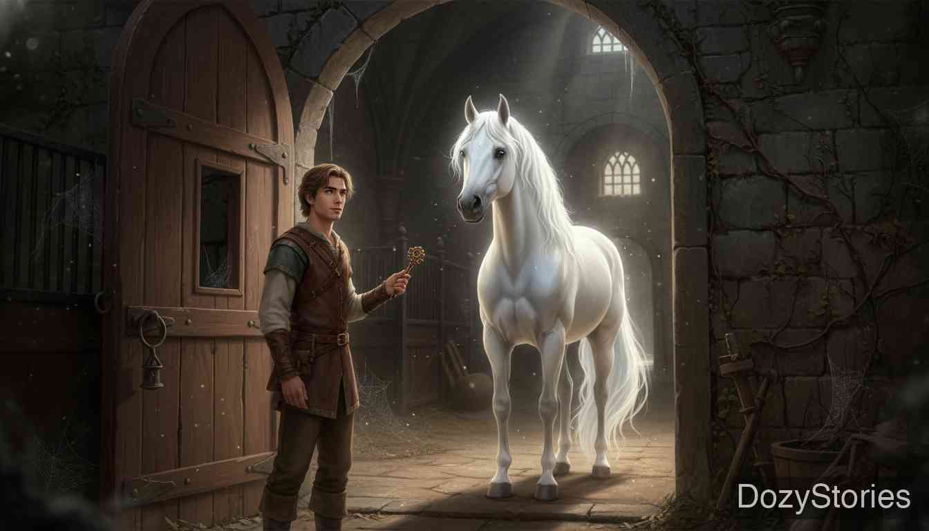 忠诚的斐迪南 - 贫穷的父母遇到一位乞丐教父,他送给孩子一把神秘的钥匙。多年后,长大的斐迪南用钥匙打开了荒原上的城堡,获得了一匹神奇的白马,准备开启冒险。 - 场景插画 1