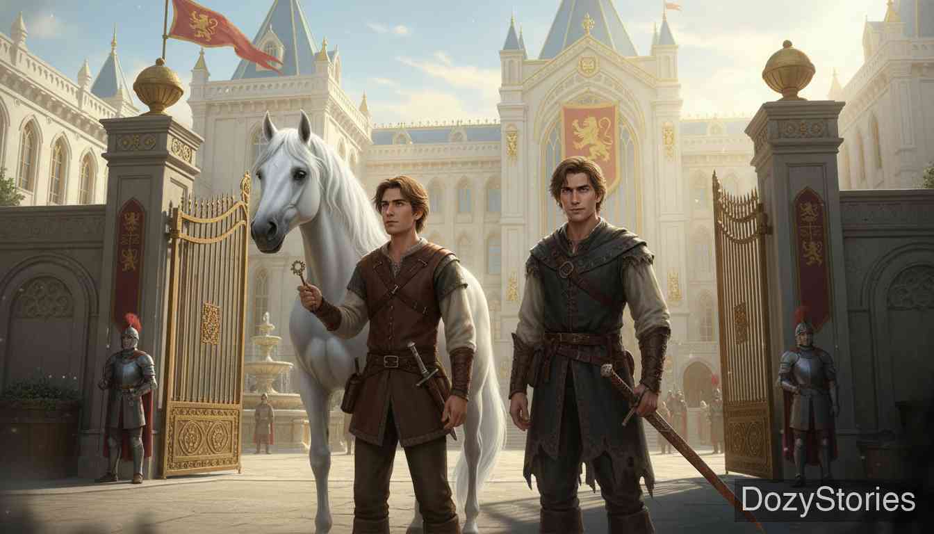 忠诚的斐迪南 - 斐迪南在旅途中捡到一支笔,并救了一条鱼,鱼送他一支长笛作为报答。随后他遇到了邪恶的“不忠的斐迪南”,两人一同进入国王的宫廷服务。 - 场景插画 2