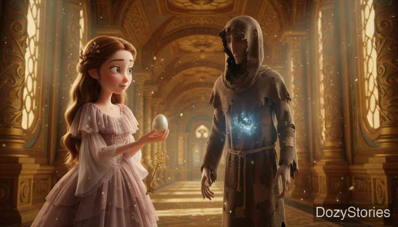 费切尔的怪鸟 - 巫师假扮乞丐抓走了大女儿,并给她一把钥匙和一个鸡蛋,以此测试她的服从性。 - 场景插画 1