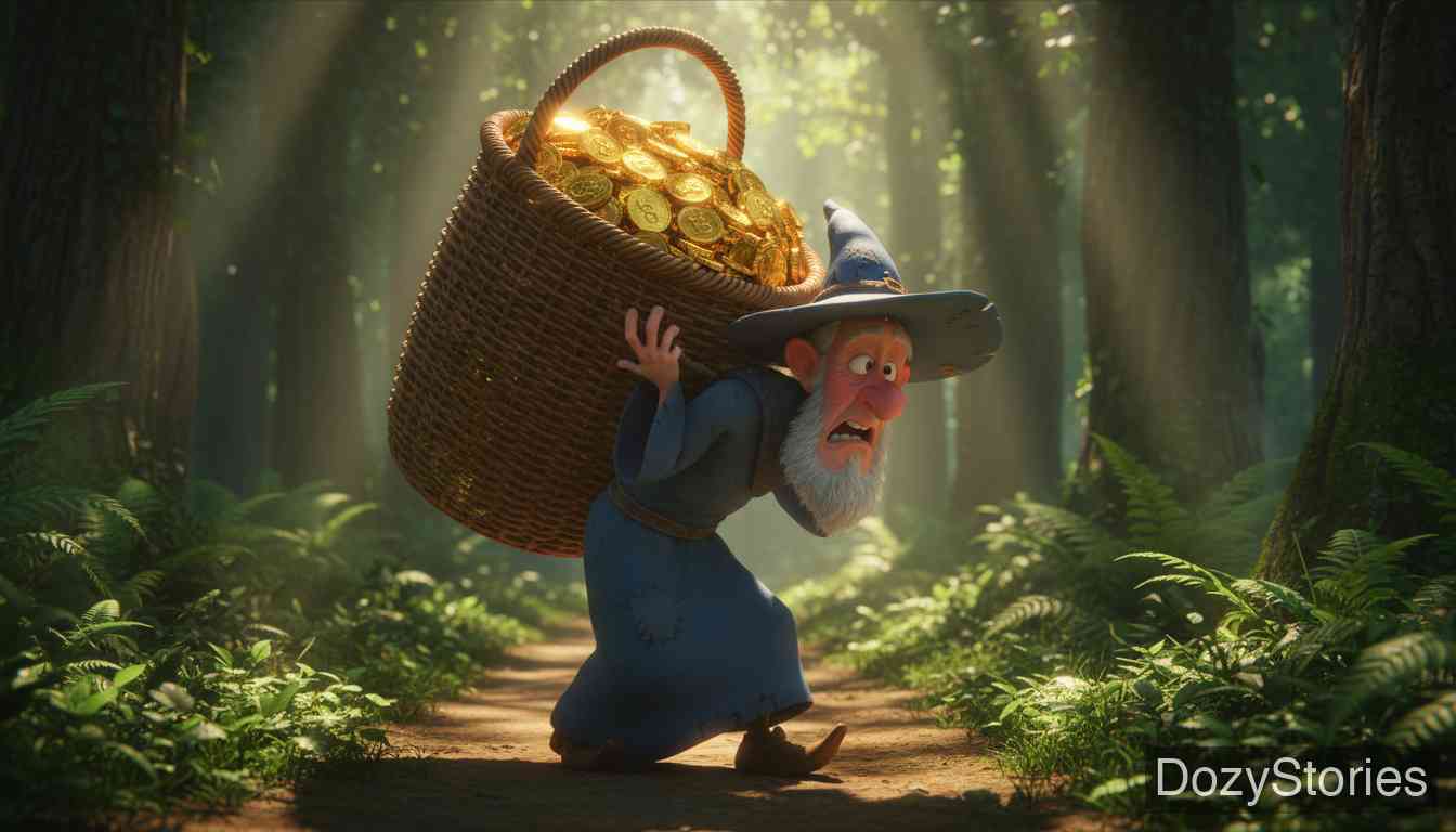 费切尔的怪鸟 - 三女儿将姐姐们藏在金子下,让巫师背回家,并在路上假装监视他,迫使他不停歇地赶路。 - 场景插画 4