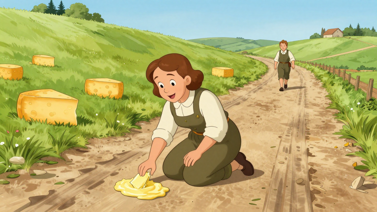 弗雷德里克和凯瑟琳 - 追赶小偷的路上，凯瑟琳用黄油涂车辙、滚落所有奶酪 - 场景插画 3