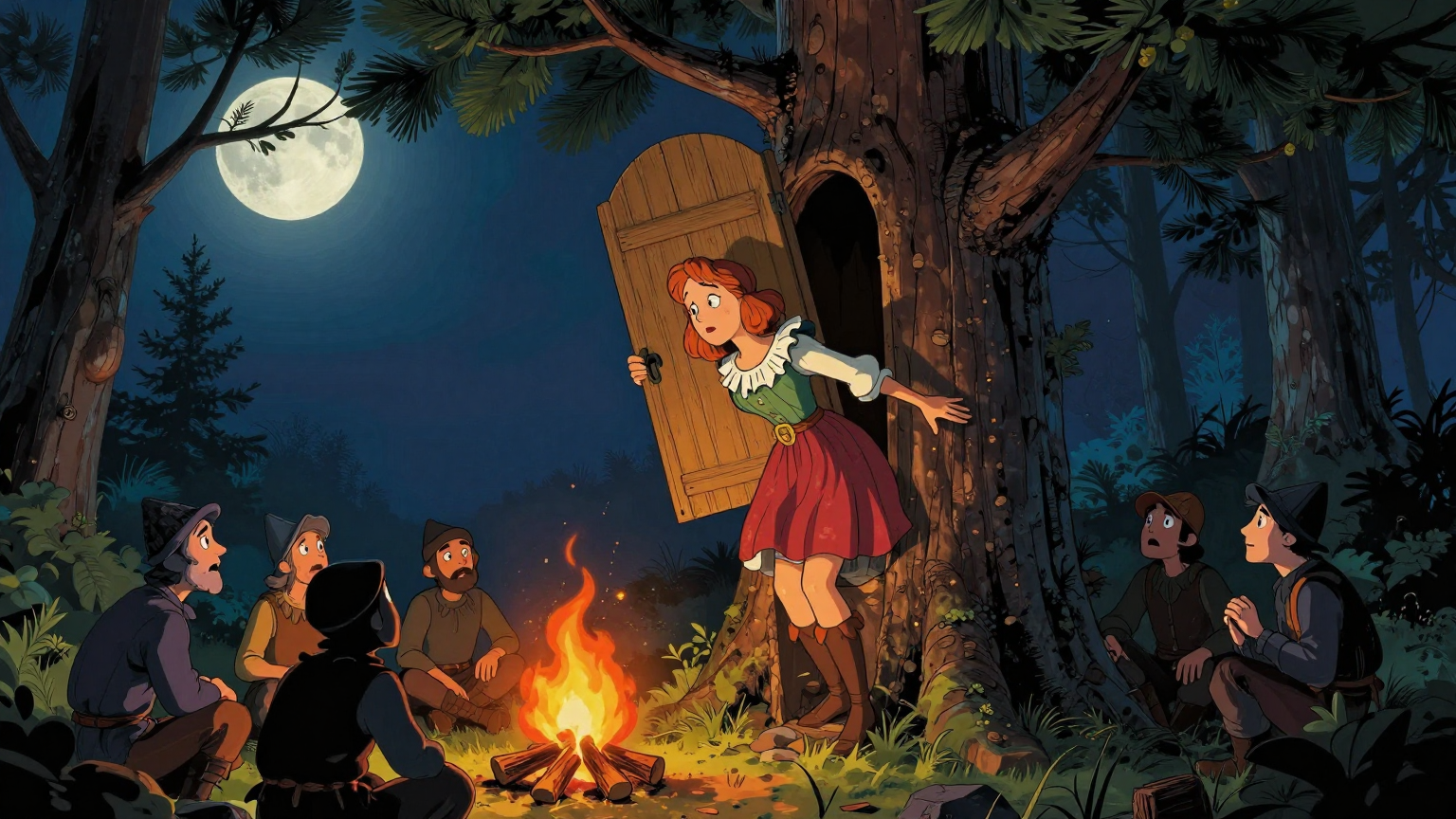 弗雷德里克和凯瑟琳 - 两人背着门在树上过夜，用计吓跑小偷 - 场景插画 4