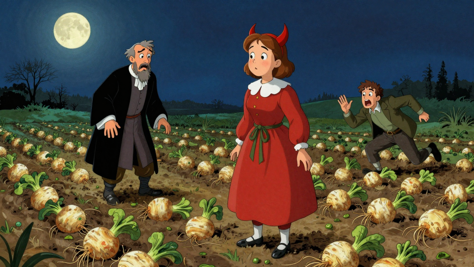 弗雷德里克和凯瑟琳 - 凯瑟琳割草时割破衣服，最后帮小偷拔萝卜吓跑牧师 - 场景插画 5