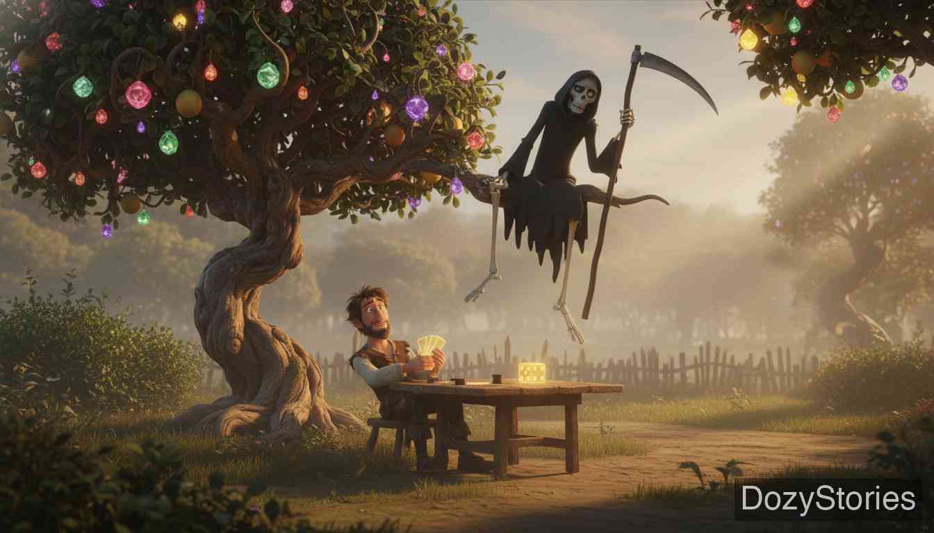 赌徒汉赛尔 - 汉赛尔凭借必胜的赌具赢了半个世界。当死神来带他走时，他狡猾地哄骗死神爬上了那棵神奇的树。死神被困在树上整整七年，世间无人死亡。 - 场景插画 2