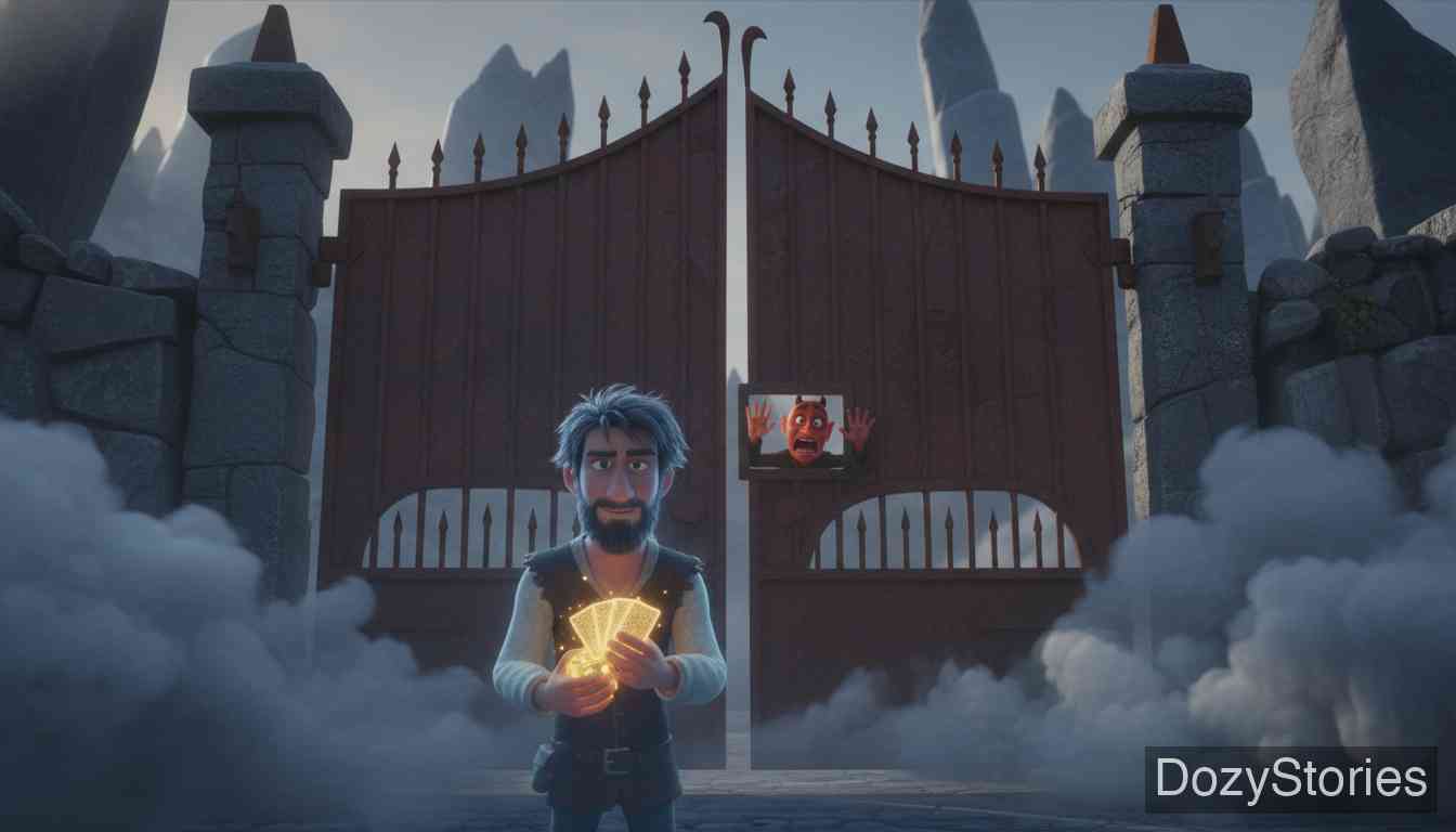 Gambling Hansel - God orders the release of Death, who immediately ends Hansel's life. Hansel's soul knocks at the doors of Heaven and Purgatory but is rejected by both due to his past actions. - Scene Illustration 3