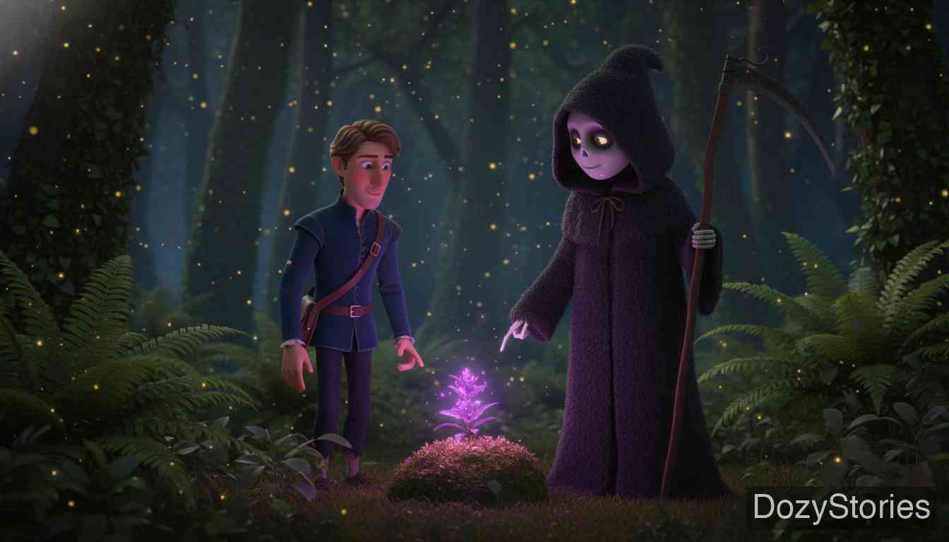 死神教父 - 教父送给男孩神奇的草药，让他成为神医，并立下必须遵守的生死规则。 - 场景插画 2