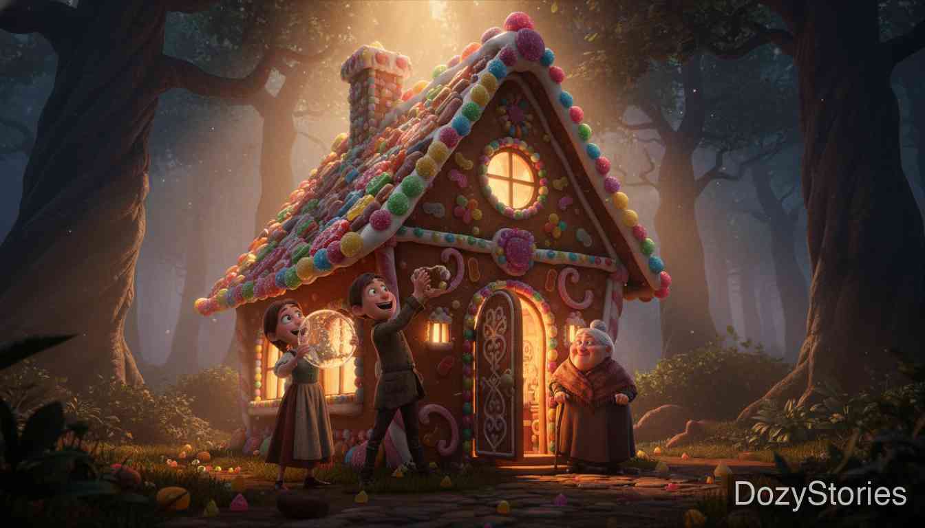 韩赛尔与格蕾特 - 在饥饿的驱使下，孩子们发现了一座用面包、蛋糕和糖果做成的奇妙房子，却不知这甜蜜的诱惑背后隐藏着邪恶女巫的陷阱。 - 场景插画 3