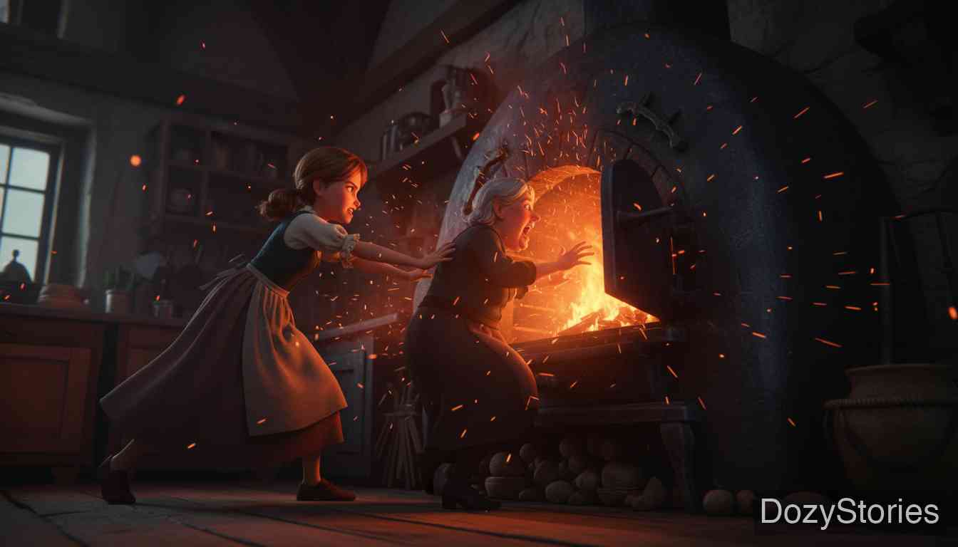 韩赛尔与格蕾特 - 韩赛尔被囚禁在笼中等待被宰杀，而格蕾特在绝境中鼓起勇气，利用女巫检查烤炉的机会将她推入火海，完成了惊险的反击。 - 场景插画 4