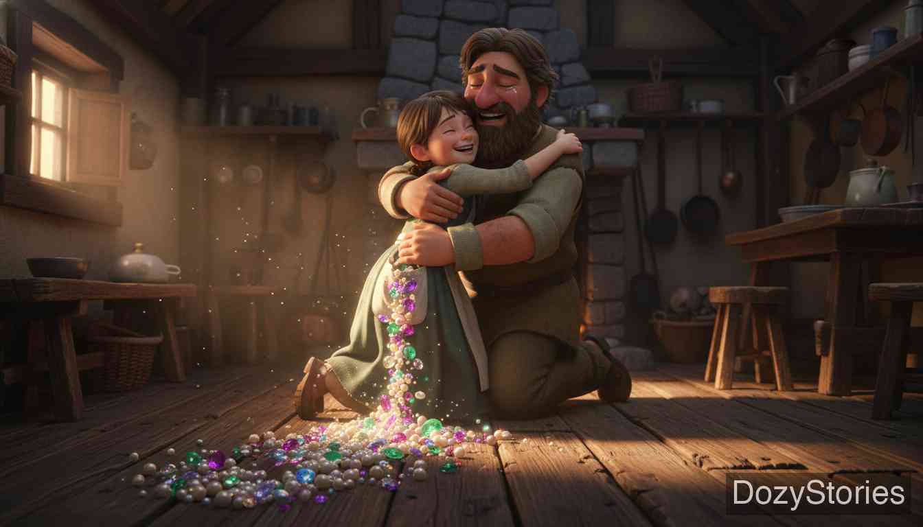 韩赛尔与格蕾特 - 自由的喜悦！兄妹俩带着女巫的财宝，在白鸭子的帮助下渡过大水，最终回到了父亲身边，从此过上了幸福无忧的生活。 - 场景插画 5