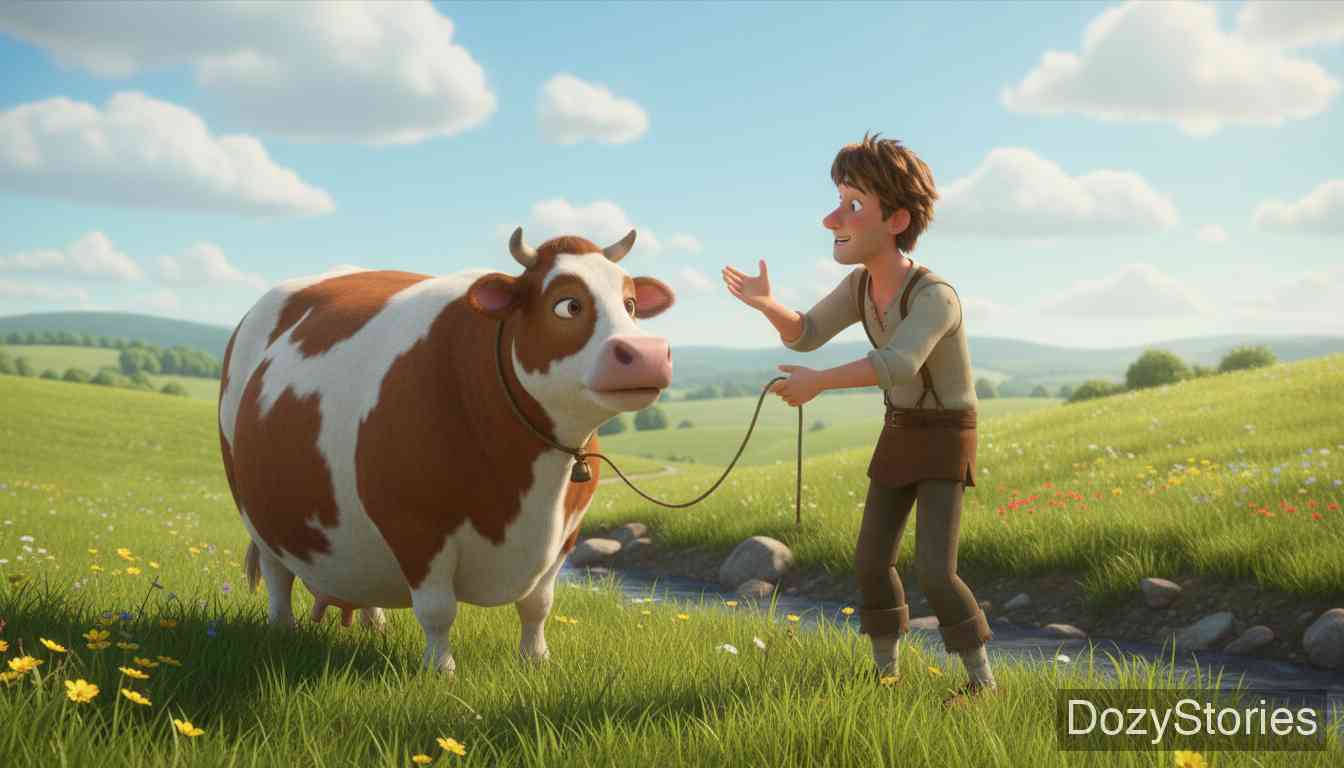 Hans in Luck - Hans loses control of the horse and is thrown into a ditch. Deciding riding is too dangerous, he happily trades the horse for a cow from a passing peasant, dreaming of endless milk, butter, and cheese. - Scene Illustration 2