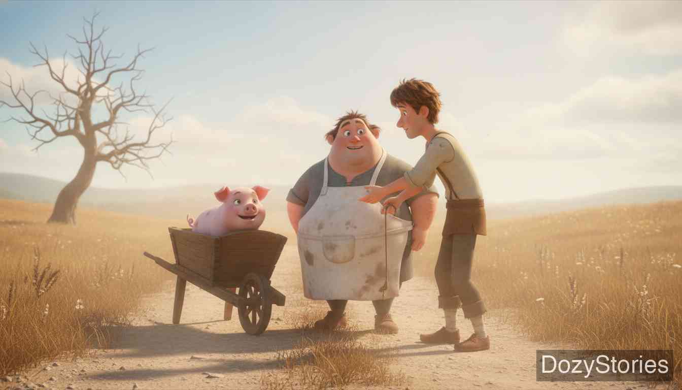 幸运的汉斯 - 汉斯口渴想挤奶，却被老牛踢晕了。一位推着独轮车的屠夫路过救了他，并说服他老牛只能杀了吃肉。汉斯觉得猪肉和香肠更美味，于是用牛换了屠夫的小猪。 - 场景插画 3