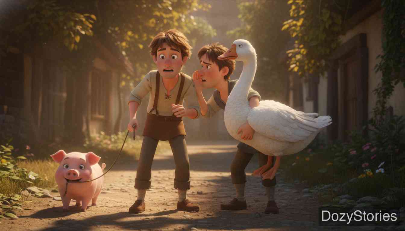 Hans in Luck - Hans meets a lad carrying a goose, who scares him by suggesting the pig might be stolen from the Mayor. To avoid trouble, Hans gratefully trades the pig for the goose, fantasizing about roast meat and a feather pillow. - Scene Illustration 4