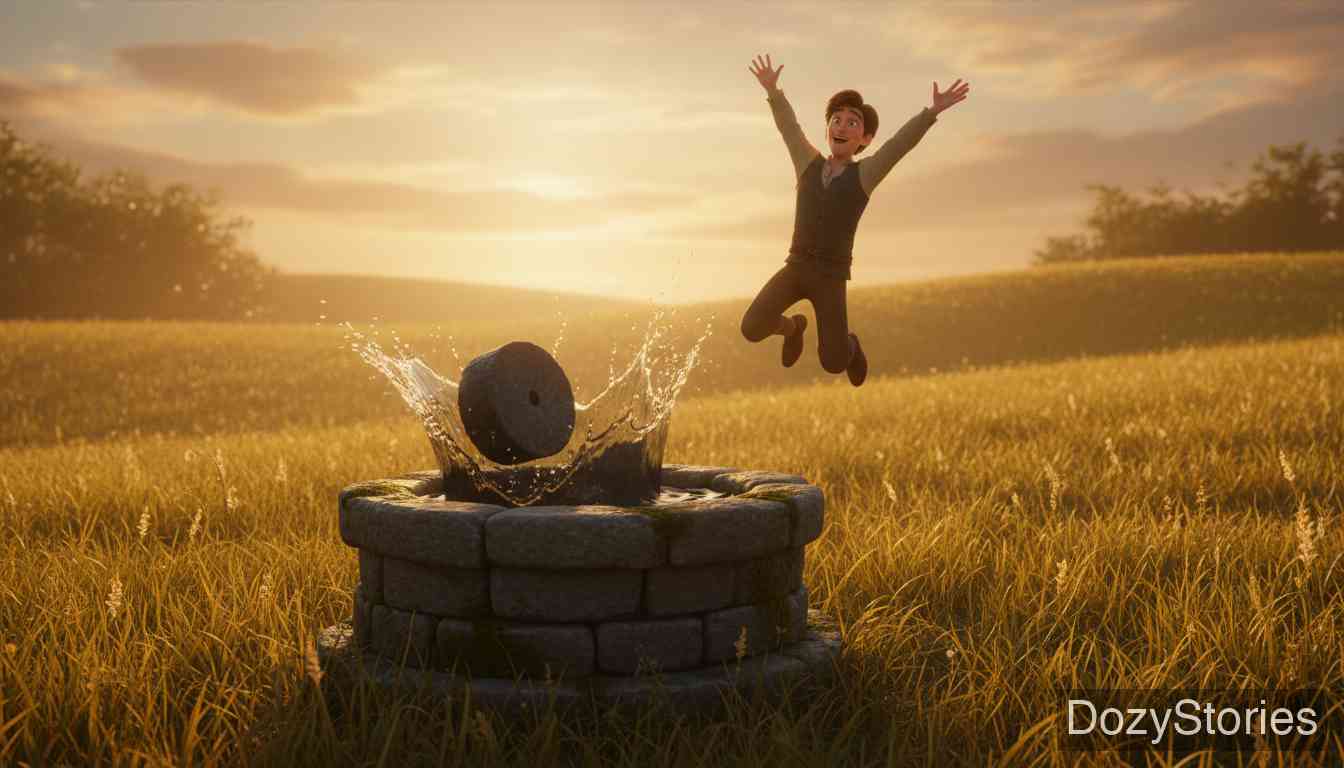 Hans in Luck - Charmed by a grinder's song, Hans trades his goose for a worn grindstone and a common rock. When the stones accidentally fall into a well, Hans thanks God for relieving him of the burden and returns home empty-handed but overjoyed. - Scene Illustration 5