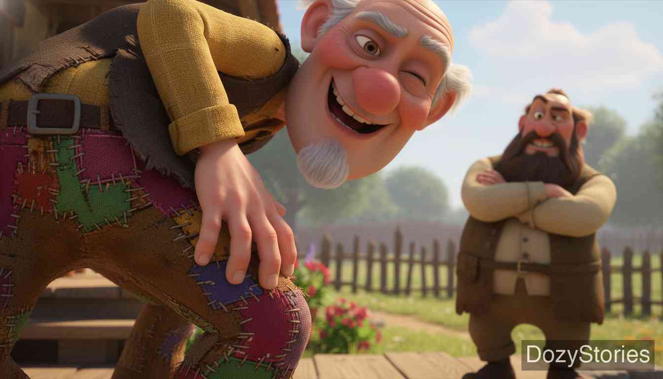 Hans Married - The uncle tricks the rich peasant with a pun, equating 'patches' on clothes to 'patches' of land, successfully persuading the miser to agree to the marriage. - Scene Illustration 3