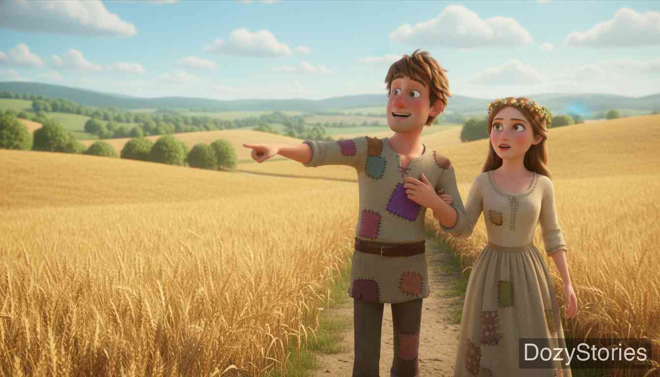 汉斯成亲 - 婚礼后，汉斯带妻子去看“财产”。他指着田地边界，却拍着自己破衣服上的补丁，让妻子误以为那些土地都是他的。 - 场景插画 4