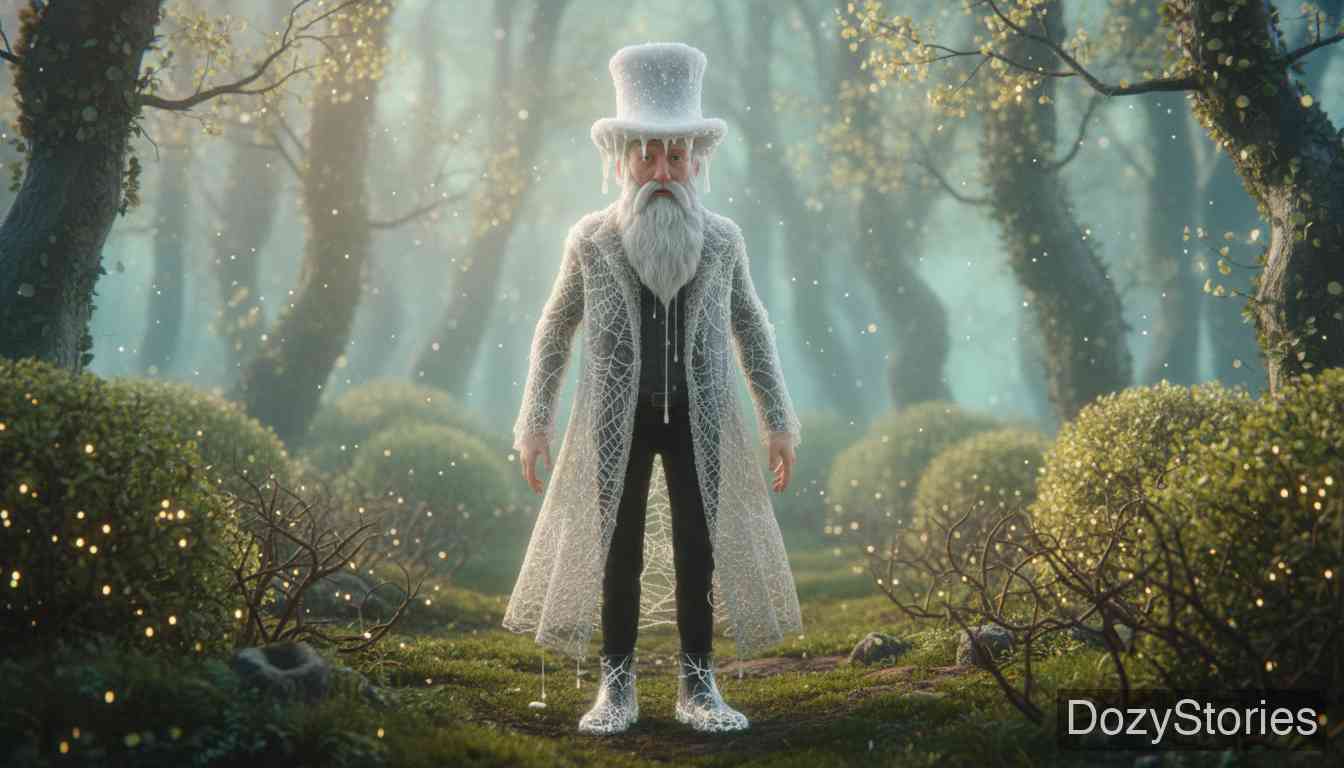 汉斯成亲 - 叙述者以荒诞的方式结尾，描述自己参加婚礼时穿戴着雪做的帽子、蜘蛛网做的外套和玻璃做的鞋子，结果全都毁坏了。 - 场景插画 5