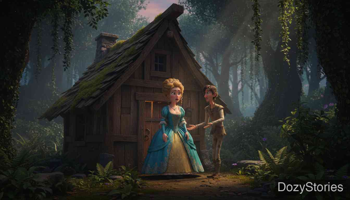 画眉嘴国王 - 公主随乞丐丈夫步行，得知经过的森林和城市都属于画眉嘴国王，悔不当初，最终住进破旧的小屋学习做家务。 - 场景插画 3