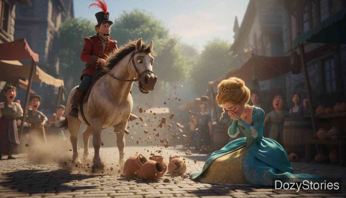 King Thrushbeard - Failing at weaving and spinning, the princess tries selling pottery at the market, but a drunken hussar shatters all her wares. - Scene Illustration 4