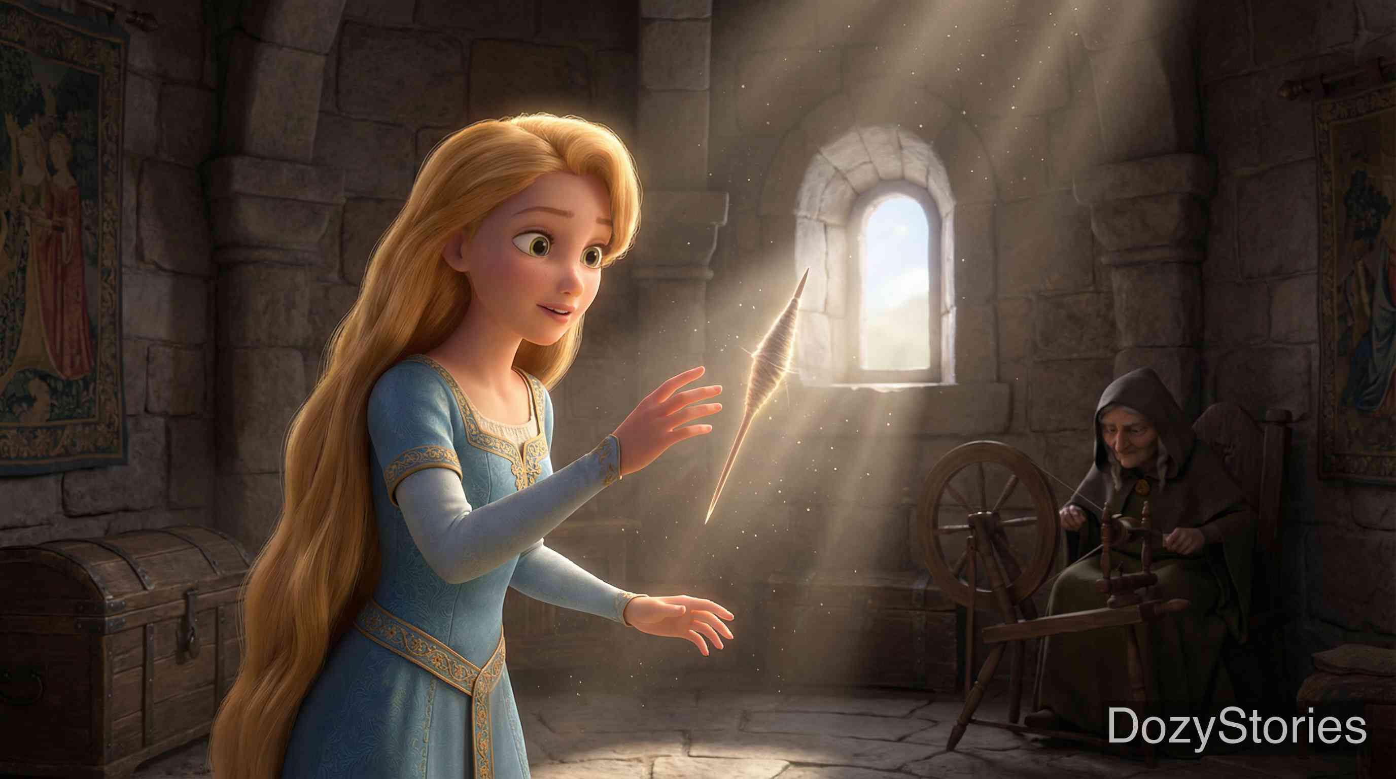 睡美人 - 为了保护公主，国王下令烧毁所有纺锤。然而在公主十五岁那年，她偶然发现了一座古塔，并在好奇心的驱使下触摸了纺锤，诅咒随即应验，她陷入了沉睡。 - 场景插画 2