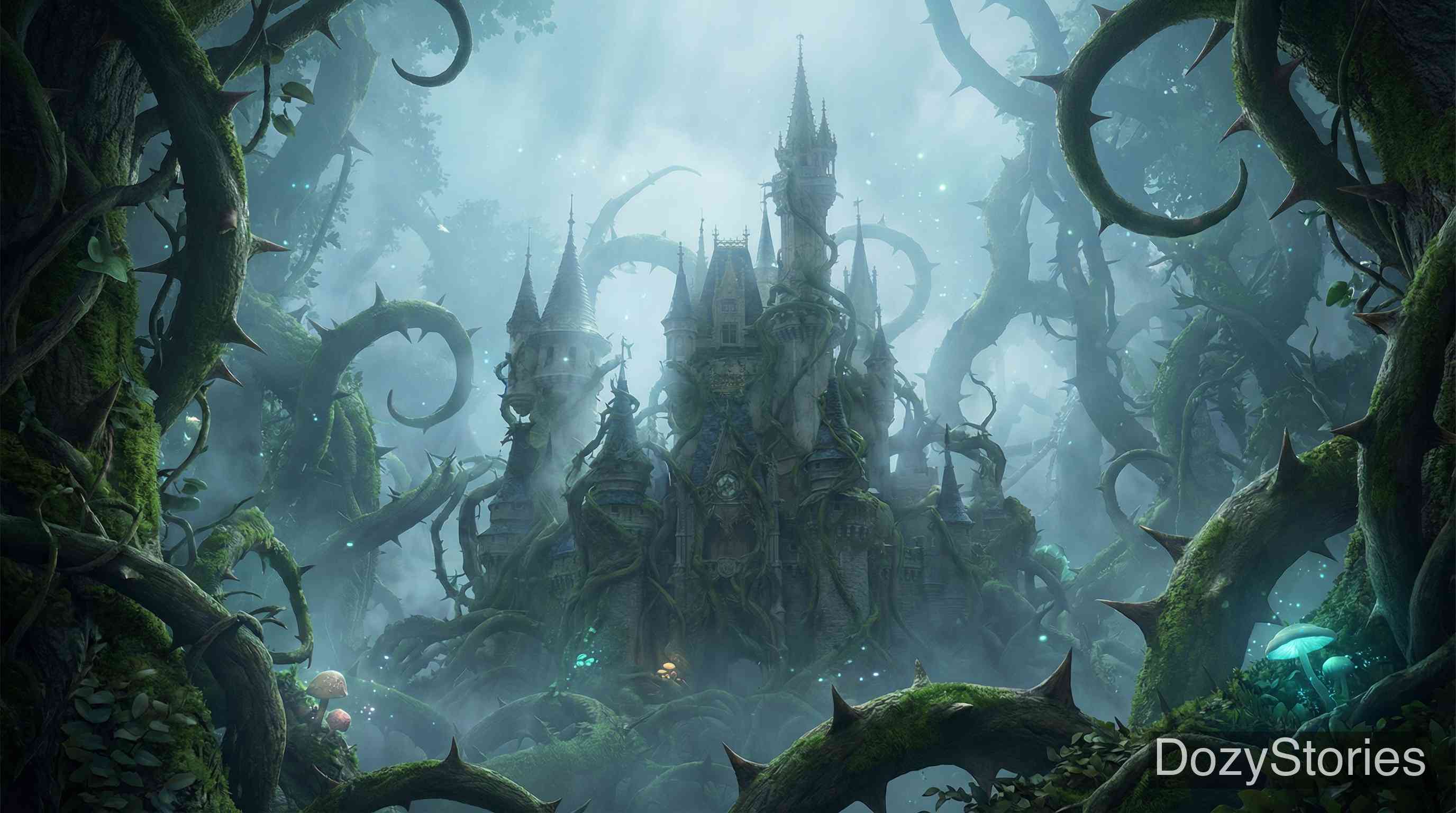 睡美人 - 沉睡降临到了整个城堡，国王、王后、侍从甚至动物和火焰都静止了。城堡周围长起了茂密的荆棘树篱，最终将城堡完全遮蔽。 - 场景插画 3