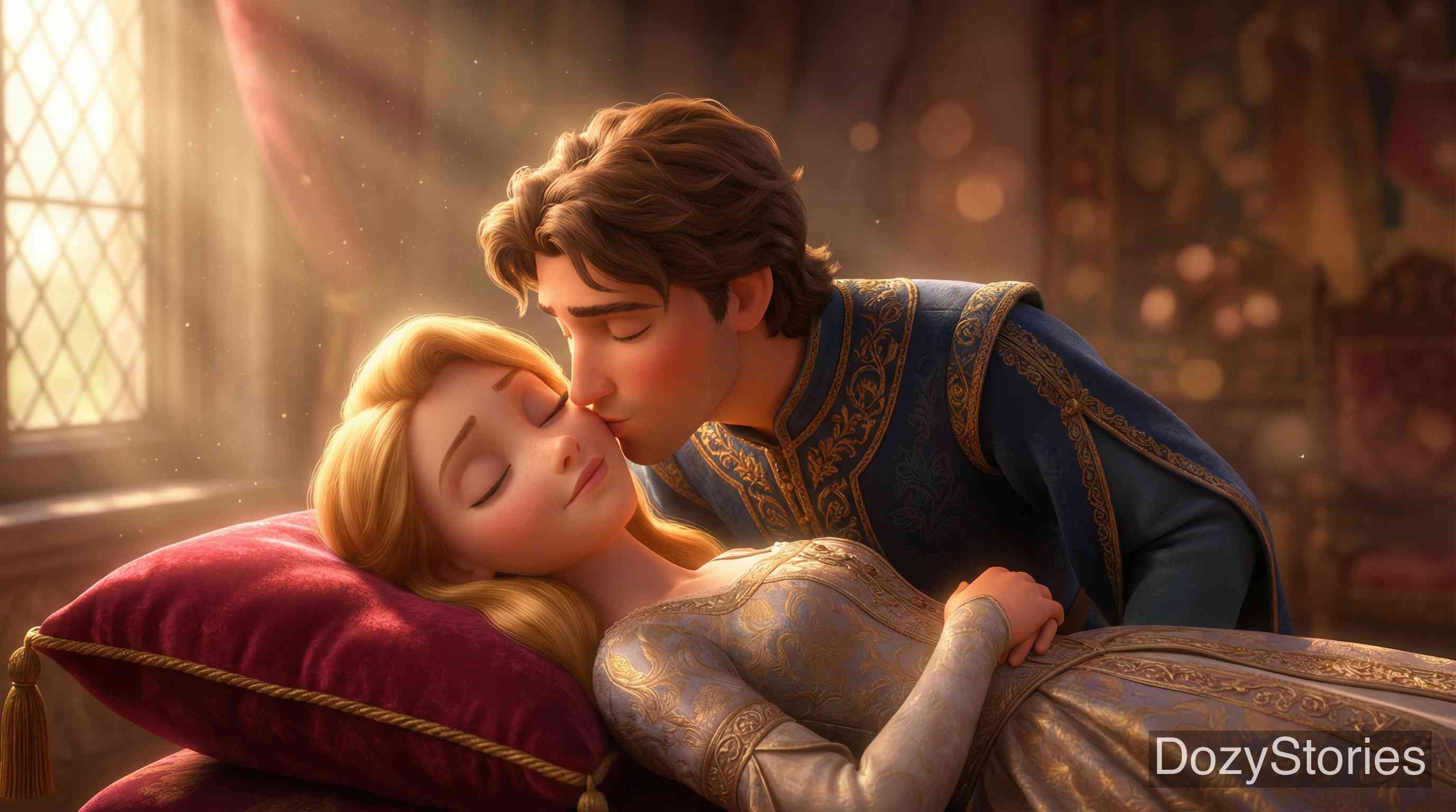 睡美人 - 王子找到了沉睡的罗莎蒙德并吻了她。她醒了过来，整个城堡也随之苏醒。王子和公主举行了盛大的婚礼，从此幸福地生活在一起。 - 场景插画 5