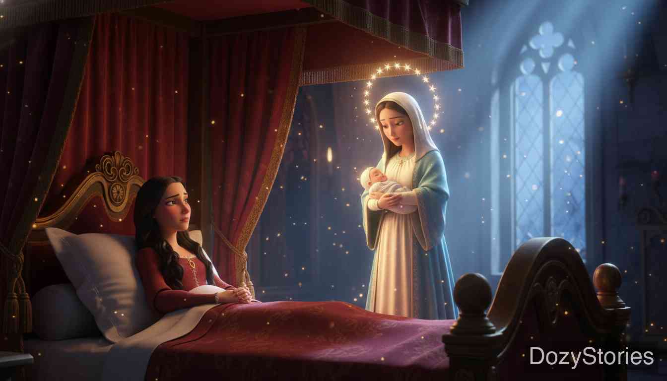 Mary's Child - The Queen bears two sons. After each birth, Mary appears at night offering to restore her speech and child if she confesses, but the Queen stubbornly denies. Mary takes the children, leading to rumors that the Queen is a man-eater, though the King protects her. - Scene Illustration 3
